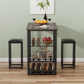 VECELO Dining Table Set for 2 with 3 Storage Shelves,Counter Height Kitchen Table and Chairs with Pu Cushion Chairs & Wood Top for Small Space,Dining Room,Apartment，Light Gray