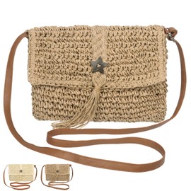 Minicloss Straw Bag for Women Summer Straw Shoulder Bags Beach Crossbody Bag with Zipper, Bohemian Woven Handbags for Women Summer Beach Holidays Travel