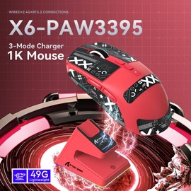 ATTACK SHARK X6 Ratón inalámbrico Ligero para Juegos con Base de Carga con retroiluminación RGB,Tri-Mode Wired/2.4GHz/BT,26K dpi, Sensor óptico PAW3395,5 Botones programables Red&Griptape