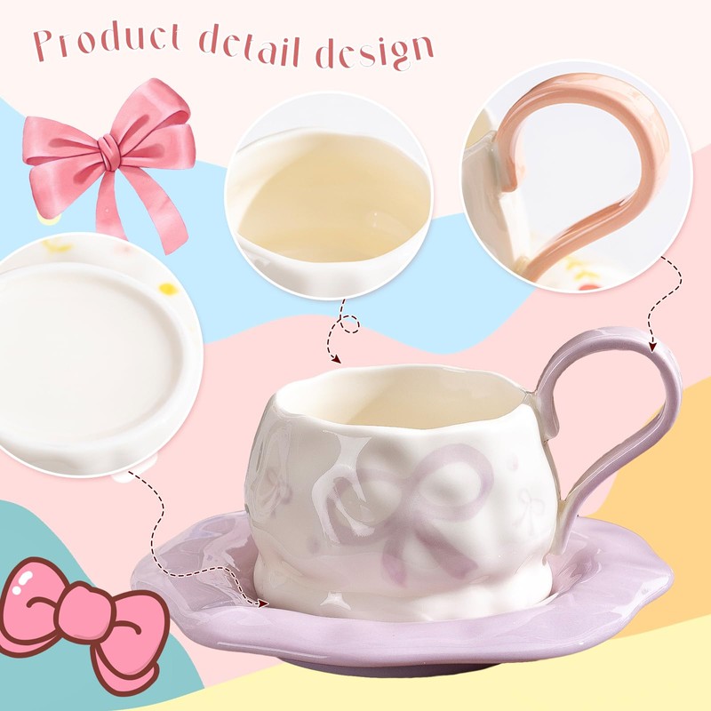 KERHAND Purple Ceramic Mug and Saucer Set with Bow and
