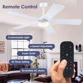 Asyko Ceiling Fans with Lights - 52" Low Profile Ceiling Fan with Led Light and Remote/App, Modern Flush Mount Fan Light Fixture with Reversible DC Motor, Indoor and Outdoor Ceiling Fans-White