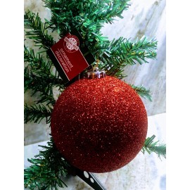 BALL Ship N 24 Hours. New-Christmas Glittered Red Glass Ball Ornament: 5 in x 5 in.