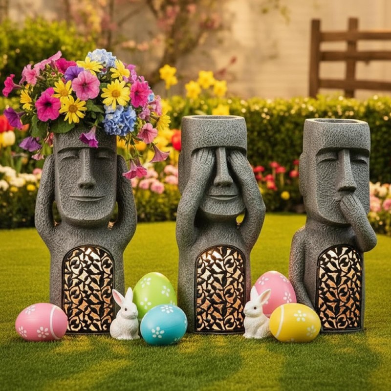 Whbbbj Easter Island Head Sculpture, Moai Statue Planter, Moai Solar