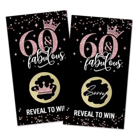 REWIDPARTY 32 Pcs Rose Gold Birthday Party Scratch Off Cards, 60 & Fabulous Scratch Off Tickets, Rose Gold Crown Prize Raffle Tickets, Funny Women's 60th Birthday Anniversary Party Cards Supplies