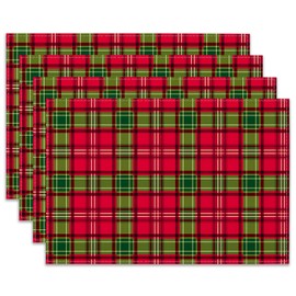 Ohok Christmas Place Mats Washable Set of 4 Polyester Linen Place Mats 30 x 45 cm, Christmas Table Coasters Place Mats for Kitchen Dining Table Hotel Christmas Table Decoration (Red/Green Plaid)
