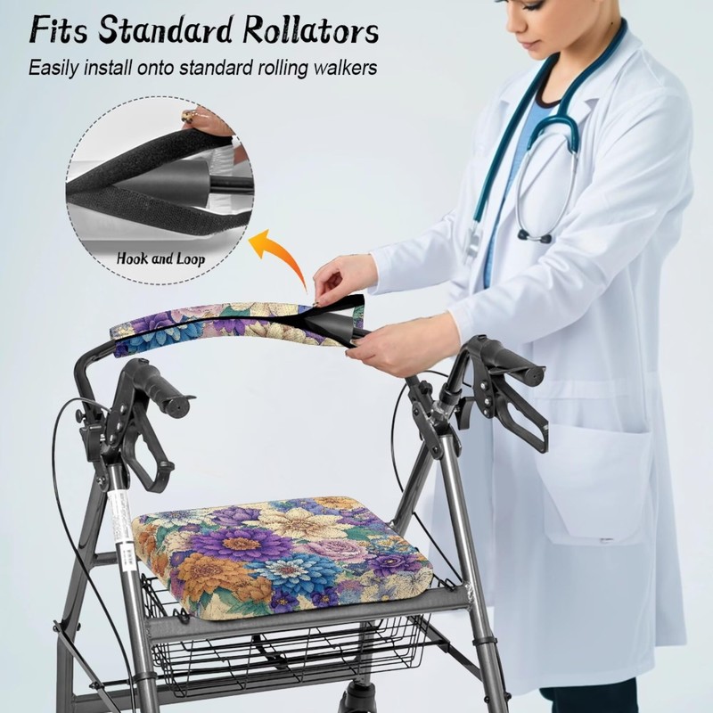 Rerteryuro Rollator Walker with Seat Cover Walker Accessories Boho Flower