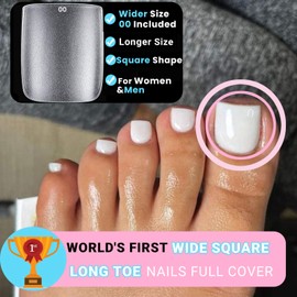 Wider Long Square Toe Nail Tips Full Cover with Glue, SINOKAME No File Matte Thick Toe Nail Press Ons Clear, Soak Off Fake Toenails Extensions DIY Home Manicure Kit for Women &Men,300 Pcs 15 Sizes