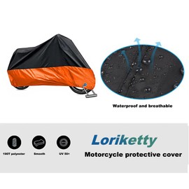 Loriketty Waterproof Protective Motorcycle Cover, Motorcycle Protective Surface, Anti Dust, Rain, Dirt, Orange Black, XXL