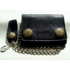 Biker Leather Wallet Leather Celtic Knot Brass with Chain and Leather Loop with Press Stud, black, Classic