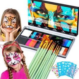 Pintura Facial y Pintura Corporal de 26 colores Acuarela,Juego Profesional de Kit Paleta Maquillaje para Halloween,artistas,cosplay,fiesta,con 10 pinceles,1 Paleta de colores (Acuarela de 26 colores)
