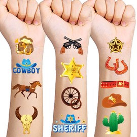 Qpout 120pcs Glitter Gold Cowboy Temporary Tattoos Western Foil Horse Rodeo Yeehaw hats Boots Face Fake Tattoos, Boys Cowboy Crafts Western Party Temporary Tattoos Horse Sticker Cowboy Party Favors