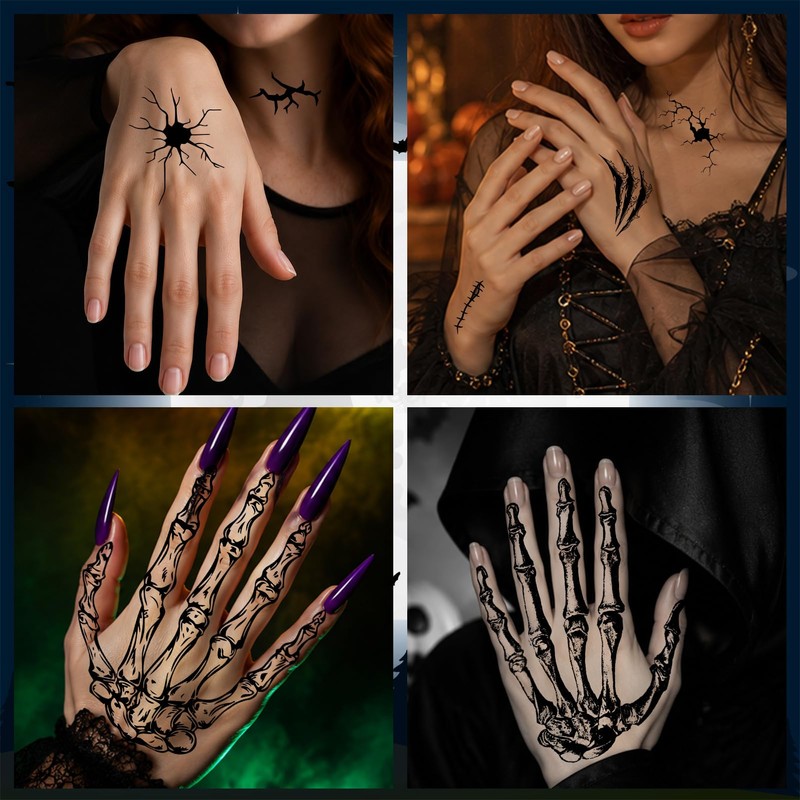 Konsait Halloween Skeleton Hand Tattoos, 4 Sheets Realistic Skeleton Hand