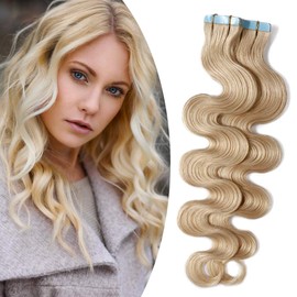 Wavy Tape in Hair Extensions 100% Human Hair Body Wave 16 inch Bleach Blonde Long Soft Remy Hair Silky Seamless Invisible Double Side Tape 20pcs/50g #613