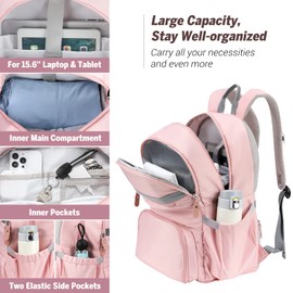 MoKo Gym Backpack, 15.6 Inch Stylish Travel Backpack with Shoe Compartment, Anti Theft Water Resistant Laptop Backpack for Women/Girls/Nurse/Teacher/Travel, Pink + Gray