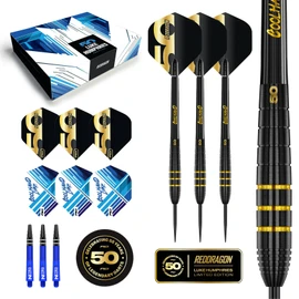 RED DRAGON DARTS - 50 Year Anniversary Player Edition - Luke Humphries 'Coolhand' 22g - Professional Steel Tip 90% Tungsten Darts Set - Includes Dart Flights & Dart Stems (Shafts)