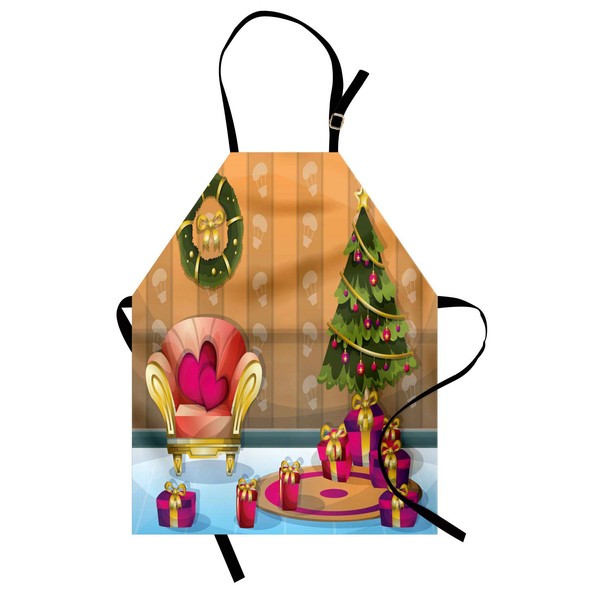 Ambesonne Christmas Apron, Happy Noel Themed Cartoon of Room with