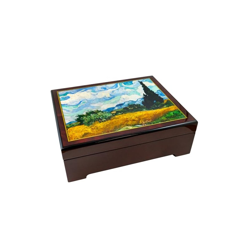 Caja de música musical de campo de trigo con cipreses
