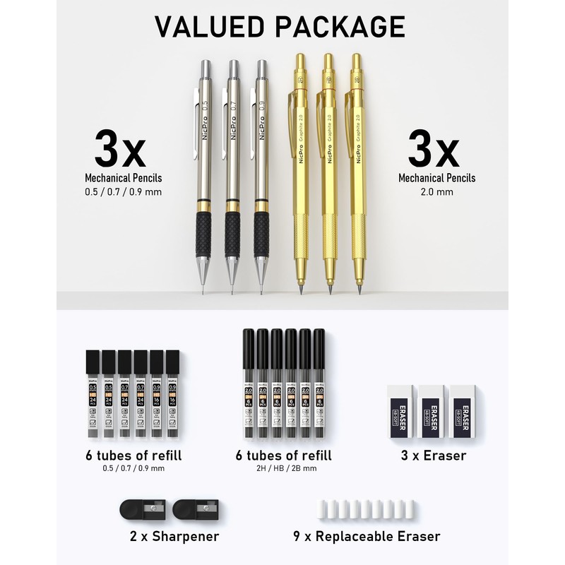 Nicpro Gold Art Mechanical Pencil Set, Metal Drafting Pencil 0.5,