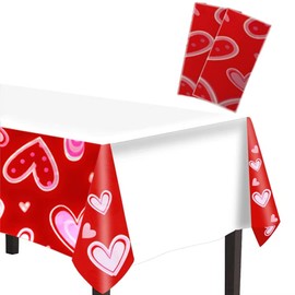 Valentines Day Disposable Tablecloth 2 PCS,54 x 108 Inches Red Love Heart Rectangle Plastic Tablecloth,Plastic Table Cover for Valentines Day Kitchen Dining Wedding Holiday Rectangle Tables Party