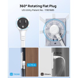 TROND 360° Rotating Flat Plug Power Strip, 10ft Extension Cord with 6 Widely Spaced Outlets, 2 USB A and 1 USB C, Wall Mountable, 1440J Surge Protector for Home Travel Office, White