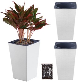 2 Pack Self Watering Planters 10.7" x 6.9" Planter for Indoor Plants White Self Watering Violet Pots Plastic Flower Pots Square Planter with 3D Wallpaper Pattern