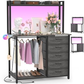 Cyclysio Dresser for Bedroom with Hutch & Clothes Rack, 70'' Tall 5 Drawers Dresser with Shelves, Grey Dresser Closet with Charging Station & LED Lights, TV Stand Dresser with Hooks, Bedroom, Closet