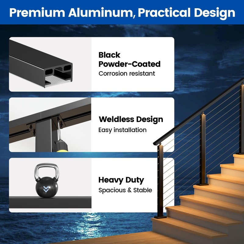 Muzata 6'6" Aluminum Black LED Handrail Rectangular Cable Railing Handrail