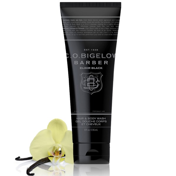 C.O. Bigelow Men's Hair and Body Wash, Elixir Black, No. 1605, 8 fl oz, Mens Body Wash & Shampoo, Musk & Vanilla Moisturizing Mens Shampoo & Body Cleanser