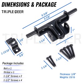 TRIPLE DEER Heavy Duty Slide Bolt Gate Latch, Sliding Bolt Door Lock with Padlock Hole, Slide Bolt Hardware for Wooden Fence/Yard Fence/Shed Door/Barn Door, Black, 1 Pack