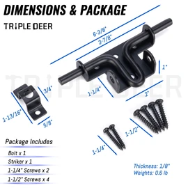 TRIPLE DEER Heavy Duty Slide Bolt Gate Latch, Sliding Bolt Door Lock with Padlock Hole, Slide Bolt Hardware for Wooden Fence/Yard Fence/Shed Door/Barn Door, Black, 1 Pack