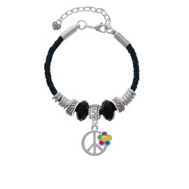 Delight Jewelry Silvertone Large Multicolored Daisy on Peace Sign - Aunt Celtic Knot Leather Bead Bracelet, 7"+2" Extender