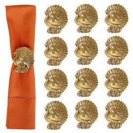 Thanksgiving Napkin Rings - Vintage Bronze Turkey Design, Rustic Fall Table Decor for Holiday Dinner, Autumn Harvest Party Supplies, 12/20 Count Copper-Colored Holders (12)