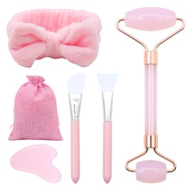 Gua Sha Stein Set – Rosenquarz Gesichtsmassage Roller, Pink Jade Roller für Damen, Gesichts- & Körperentspannung