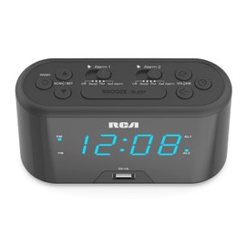 RCA RC571 Digital Alarm Clock Radio with Large Numbers and USB Charging, LED Display, Brightness Display, FM Radio with Presets, Dual Wake, Sleep Timer and Snooze Functions, Black