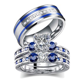 TWO RINGS Wedding Ring Sets His And Hers Promise Ring Couples Bridal Sets Women 925 Sterling Silver Blue Heart Cz Man Titanium Wedding Bands