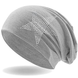 Hatstar Rhinestone Star Women's Beanie Hat, Elastic Slouch Long Beanie Girls Hat with Elegant Rhinestone Appliqué, Light and Soft - lightgrey