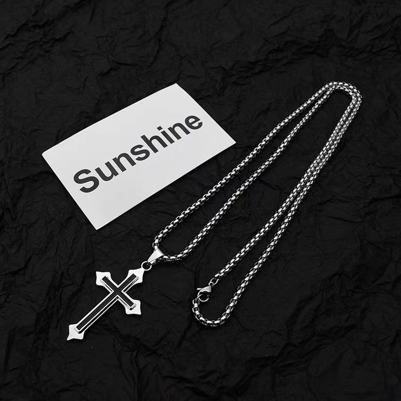 LUSKINNO Traditional Men's Titanium Steel Cross Necklace, Black Bright Cross