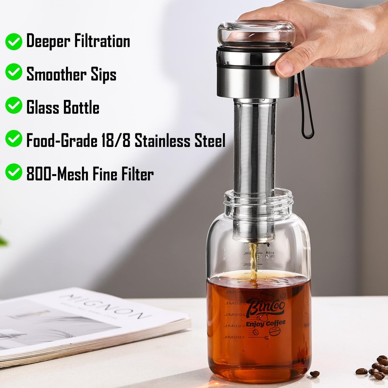 Glass Cold Brew Coffee Maker with Extended Fine Mesh Filter,