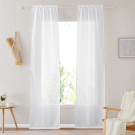 PONY DANCE Net Curtain Door Curtain Semi-Transparent French Door Curtain Linen Look Curtains Set of 2 H 240 x W 60 cm Balcony Door Curtain White Semi-Transparent White Curtains with Rod Pull