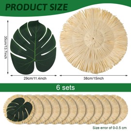 Sunnychicc 12pcs Luau Placemats and Palm Placemat, Round Luau Fringe Place Mats Tropical Palm Leaf Place Mats Bulk Summer Hawaiian Plate Chargers Table Placemats Tropical Party Supplies