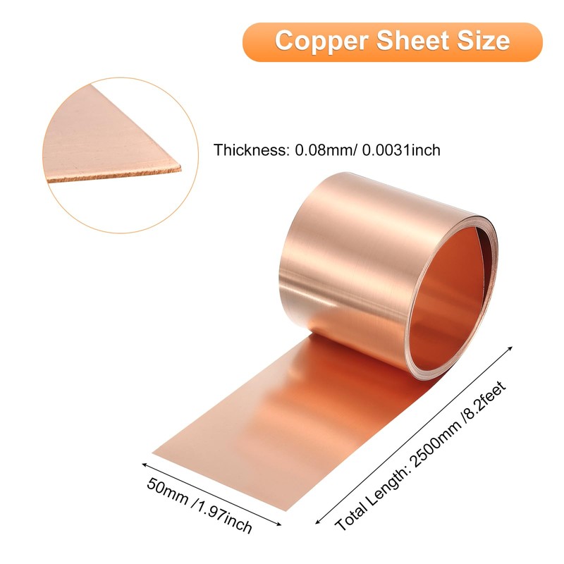 sourcing map Copper Sheet Roll 2500mm x 50mm x 0.08mm,