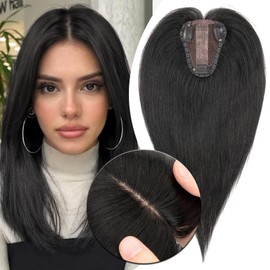 MY-LADY Hair Topper for Women Human Hair for Thinning Hair Loss 8 * 10CM Lace Silk Base Real Remy Hair No Bangs Clip in Hair Pieces Top Hand-Tied Hairpieces 10 Inch Jet Black