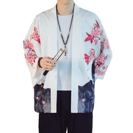 PRIJOUHE Men's Lightweight Kimono Jacket Seven Sleeve Open Front Cardigan Coat Japanese Style Bathrobe