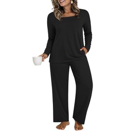 HOTGIFT Plus Size Womens Pajama Sets Winter Pjs Loungewear Sleepwear 2 Piece with Pockets Black X-Large
