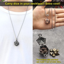 Haxtec Mini Metal DND Dice Set With 20mm Antique Iron Hollow D20 Necklace Dice Case Antique Tiny Metal Dice Set D&D Keychain Portable 7PCS Dice Set