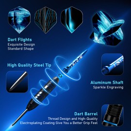 XAWU 3 Pack Steel Tip Darts Set Professional Darts 22g with 9 Dart Flights 3 Aluminum Shafts 3 Spare Shafts 1 Dart Sharpener 12 Rubber O-Rings Flight Protector and Darts Case