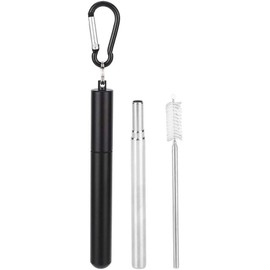 Pajitas reutilizables Pajitas plegables de acero inoxidable Pajitas para beber portátiles con estuche de metal Cepillo de limpieza de paja y llavero para viajes Camping Fiesta Negro o rosa(Negro)