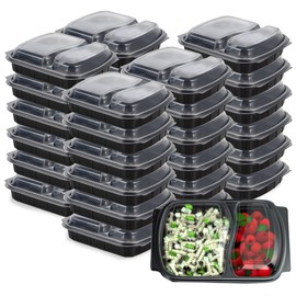 Sabco - 2 Compartment Reusable Meal Prep Containers Black Base with Lids BPA Free - Ideal for Batch Cooking Food Diet & Bodybuilding, Lunch Box, Takeaways & Airlines. (10)