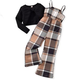 Size 10 Girls Jumpsuits Outfit Kids Long Sleeve Twist Front Shirts Romper Clothes Black Crop Tops Flare Pants Set Fall Jumpsuit Plaid Size 10-11