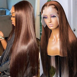 AUOU Chocolate Brown Lace Front Wig 26 Inch 13x6 HD Straight Lace Front Wigs Human Hair Pre Plucked 200% Density Glueless Frontal Wigs Brown Human Hair Wig for Women with Baby Hair